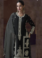 Vegaa Fashion Black Chinon Silk Embroidered Designer Palazzo Suit - Distacart
