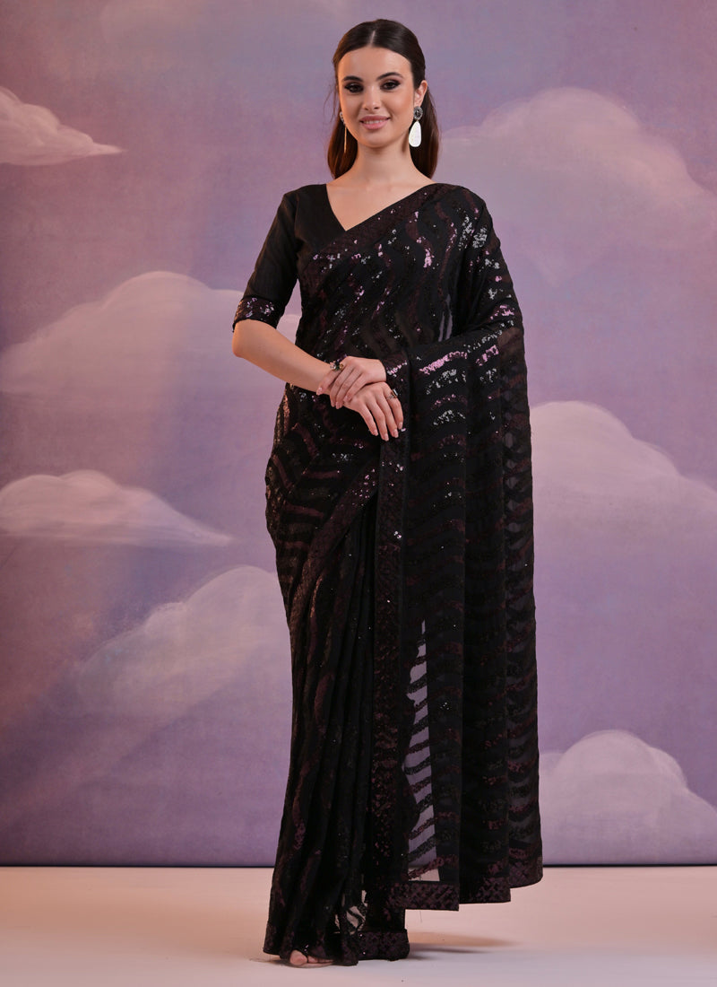 Vegaa Fashion Black Soft Georgette Leriya Sequence Work Saree - Distacart
