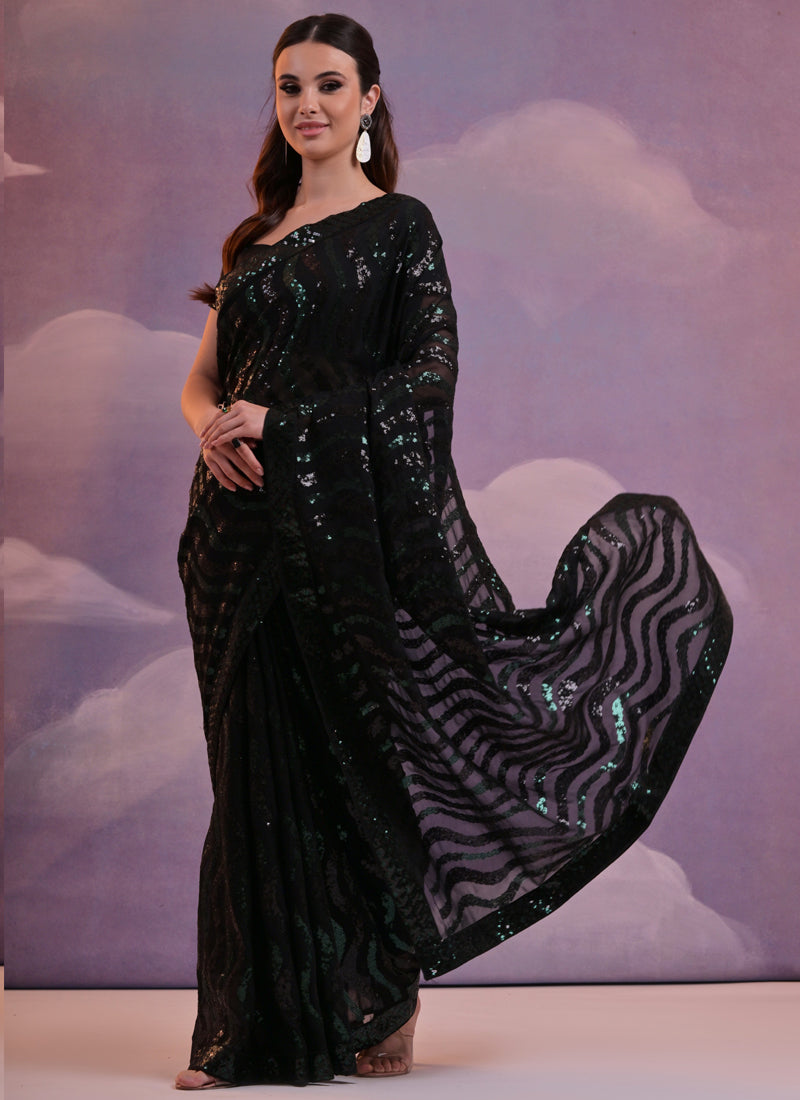 Vegaa Fashion Black Soft Georgette Leriya Sequence Work Saree - Distacart