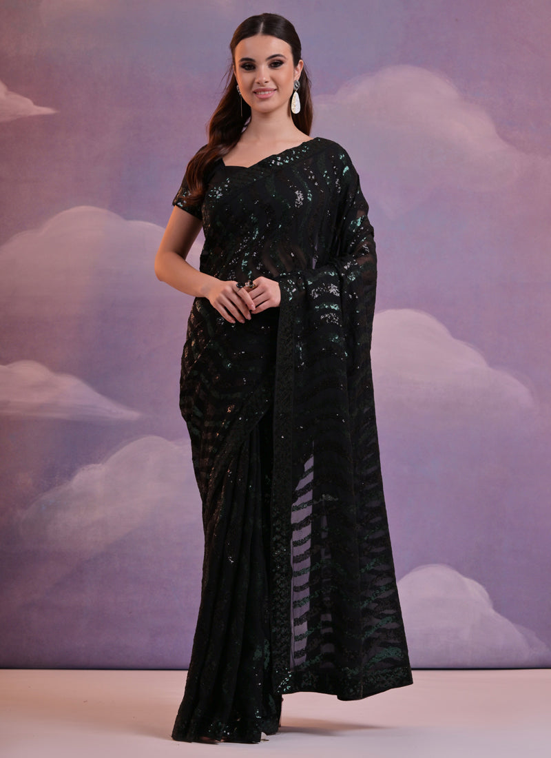 Vegaa Fashion Black Soft Georgette Leriya Sequence Work Saree - Distacart