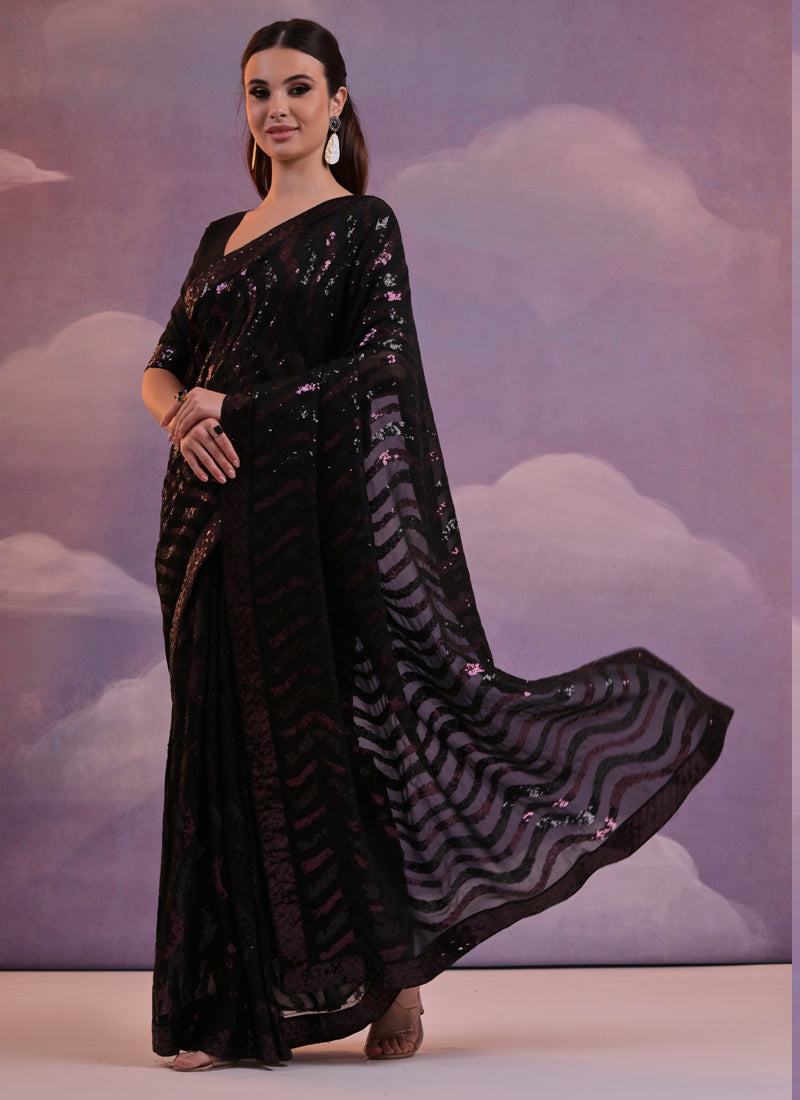 Vegaa Fashion Black Soft Georgette Leriya Sequence Work Saree - Distacart