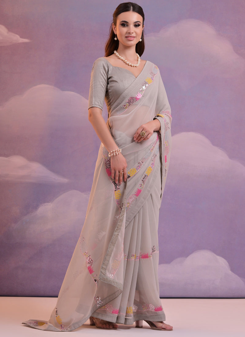 Vegaa Fashion Beige Soft Georgette Sequence Work Saree - Distacart