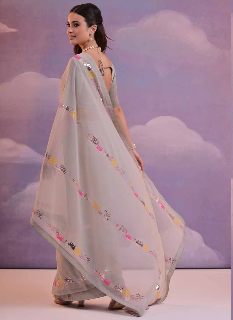 Vegaa Fashion Beige Soft Georgette Sequence Work Saree - Distacart