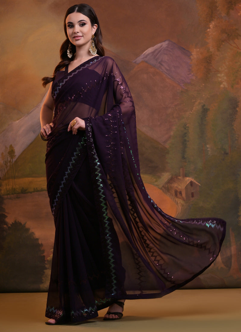 Vegaa Fashion Wine Soft Georgette Sequence Work Saree - Distacart