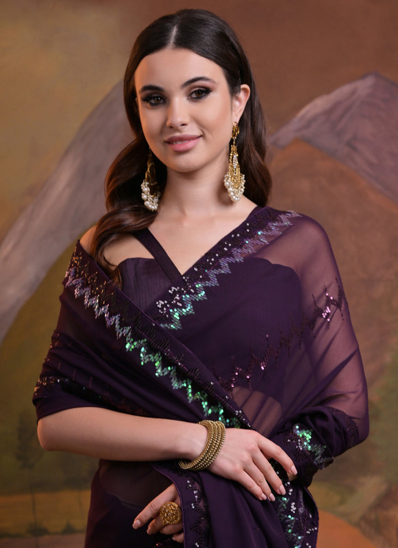 Vegaa Fashion Wine Soft Georgette Sequence Work Saree - Distacart