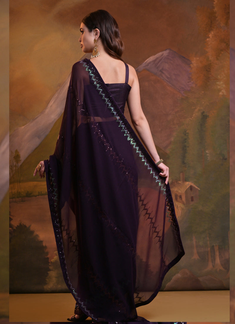 Vegaa Fashion Wine Soft Georgette Sequence Work Saree - Distacart