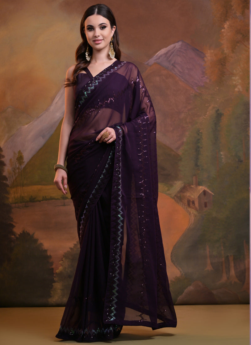 Vegaa Fashion Wine Soft Georgette Sequence Work Saree - Distacart