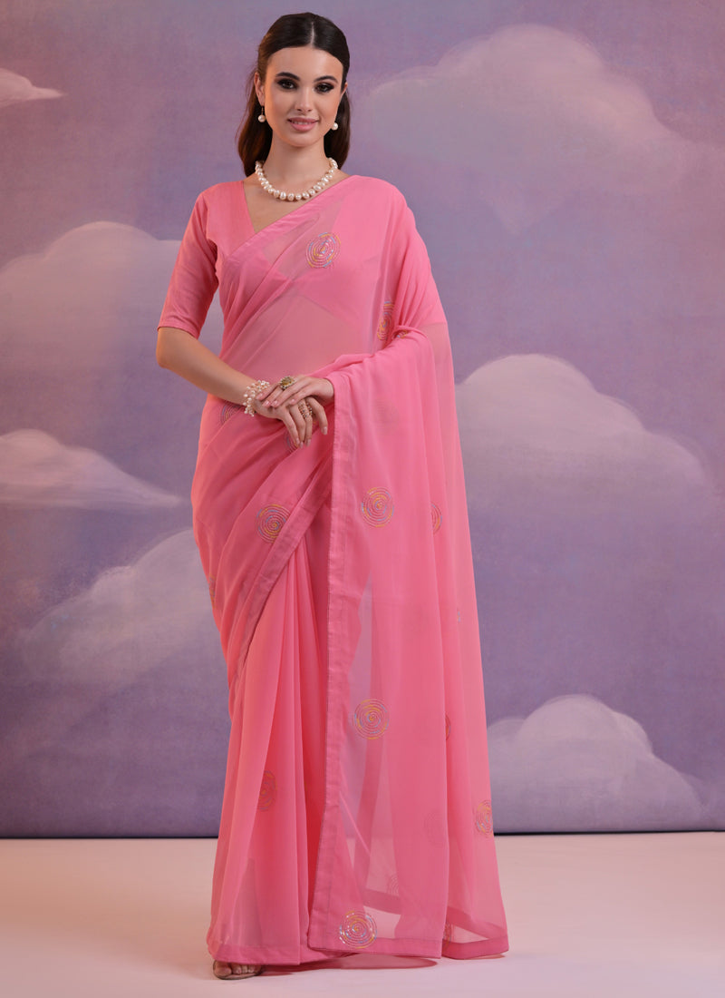 Vegaa Fashion Pink Soft Georgette Sequence Work Saree - Distacart
