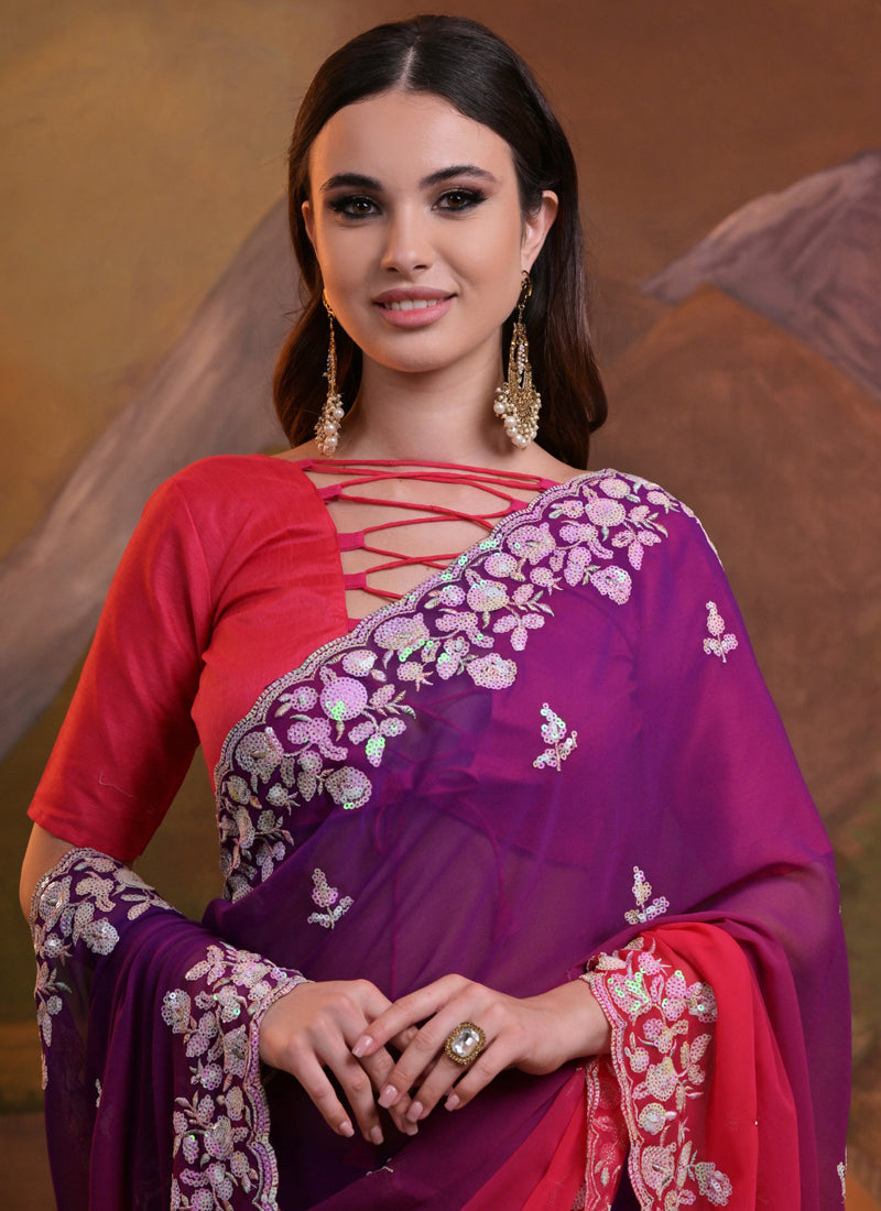 Vegaa Fashion Purple Soft Georgette Sequence Work Saree - Distacart