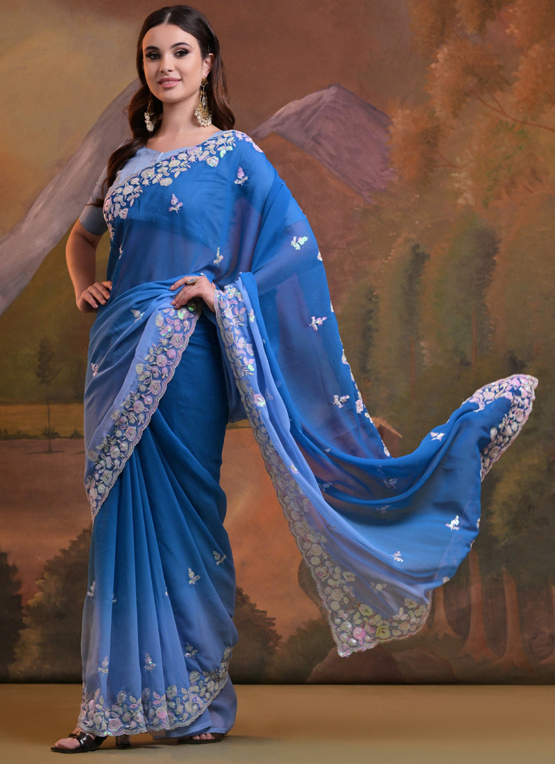Vegaa Fashion Royal Blue Soft Georgette Sequence Work Saree - Distacart