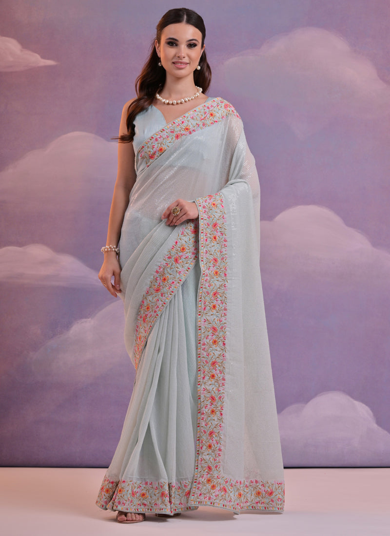 Vegaa Fashion Light Grey Soft Georgette Sequence Flower Work Saree - Distacart