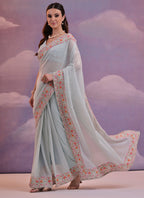 Vegaa Fashion Light Grey Soft Georgette Sequence Flower Work Saree - Distacart