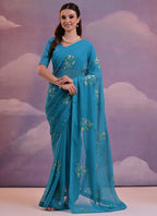Vegaa Fashion Blue Soft Georgette Sequence Flower Work Saree - Distacart