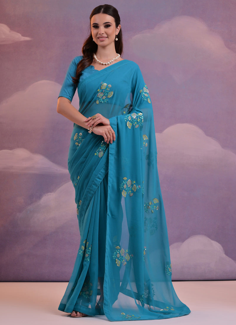 Vegaa Fashion Blue Soft Georgette Sequence Flower Work Saree - Distacart