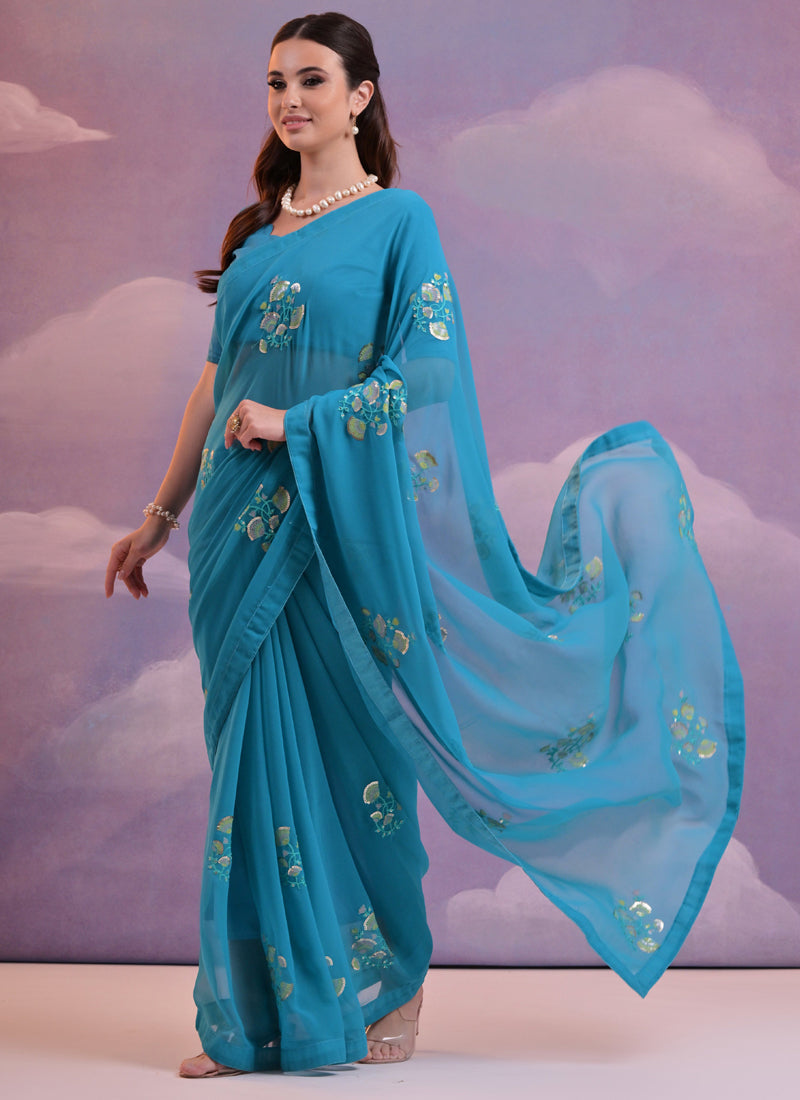 Vegaa Fashion Blue Soft Georgette Sequence Flower Work Saree - Distacart