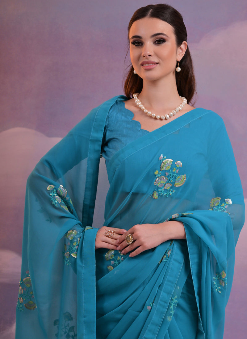 Vegaa Fashion Blue Soft Georgette Sequence Flower Work Saree - Distacart