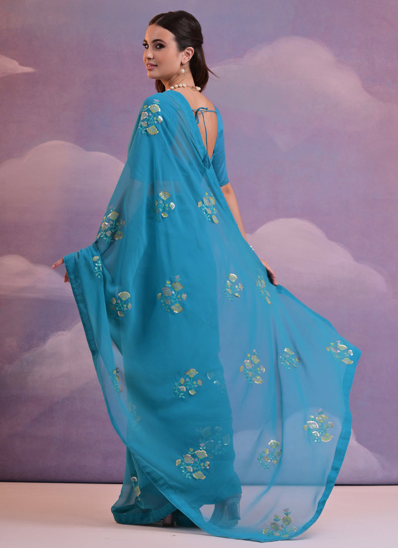 Vegaa Fashion Blue Soft Georgette Sequence Flower Work Saree - Distacart