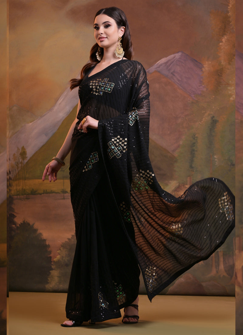 Vegaa Fashion Black Soft Georgette Sequence Work Saree - Distacart