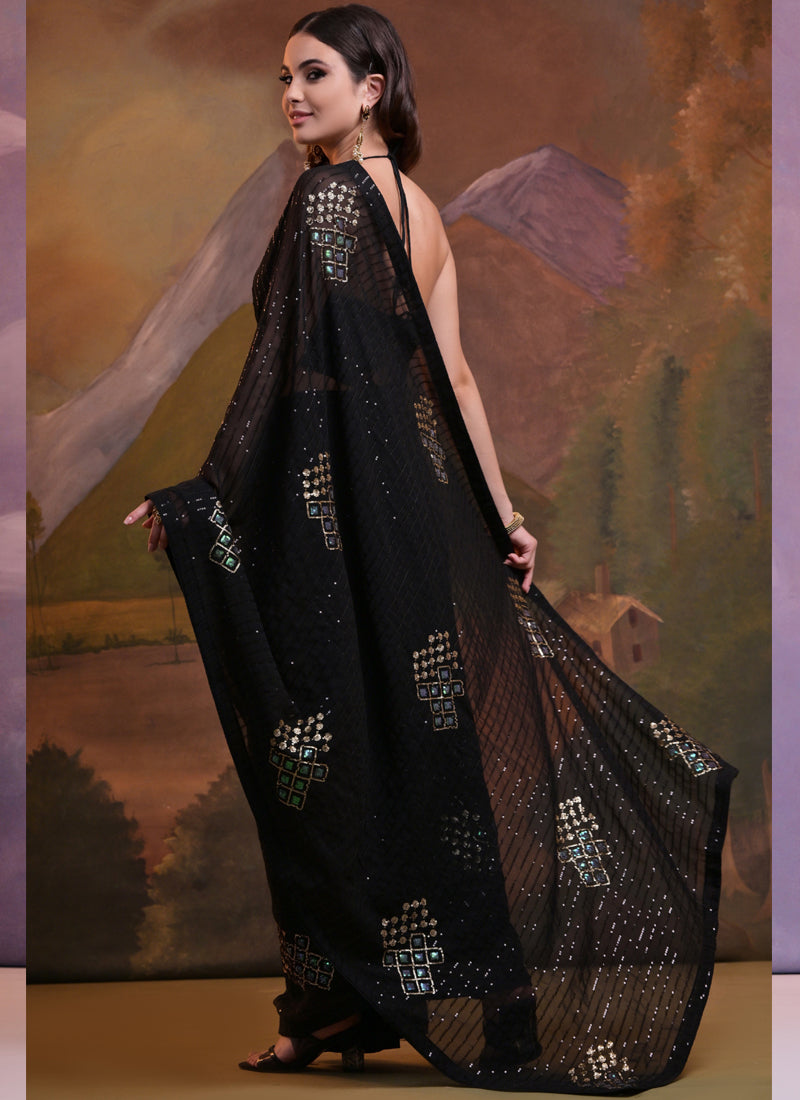 Vegaa Fashion Black Soft Georgette Sequence Work Saree - Distacart