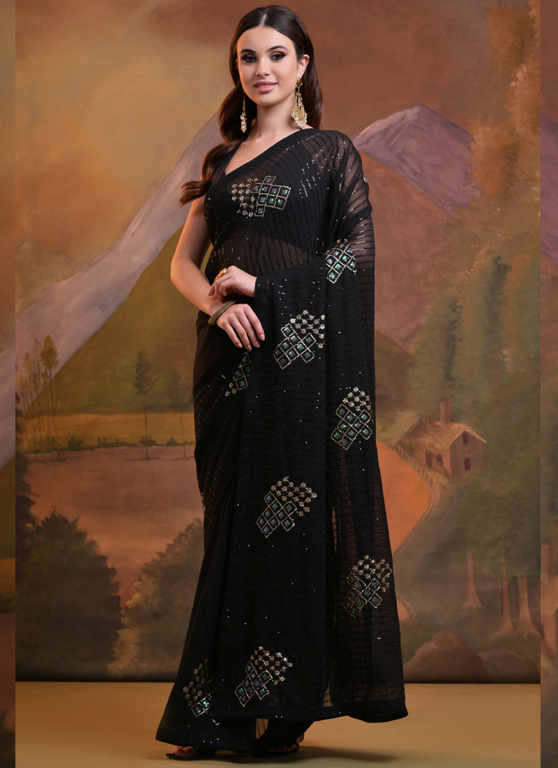 Vegaa Fashion Black Soft Georgette Sequence Work Saree - Distacart