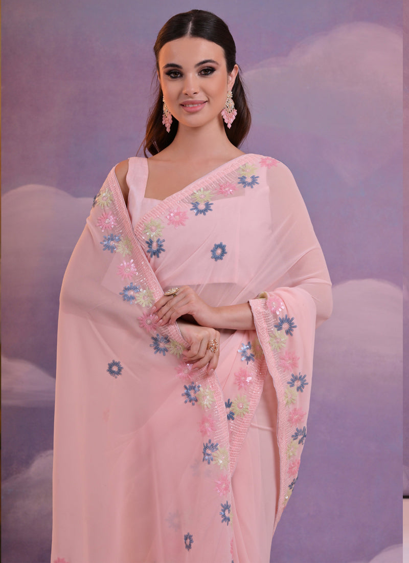 Vegaa Fashion Light Pink Soft Georgette Sequence Work Saree - Distacart