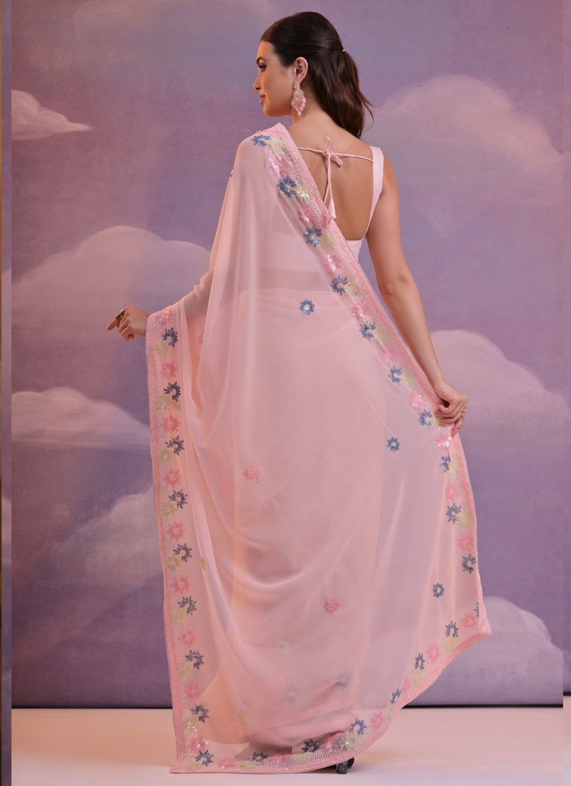 Vegaa Fashion Light Pink Soft Georgette Sequence Work Saree - Distacart