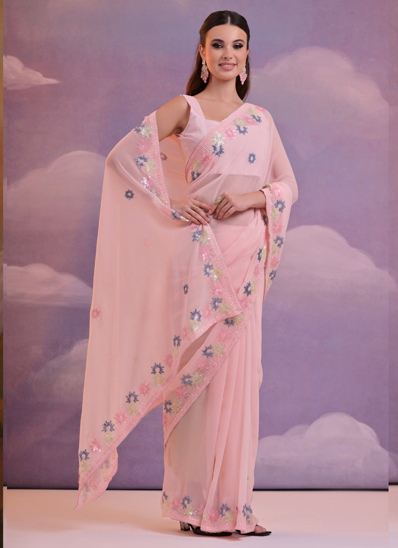 Vegaa Fashion Light Pink Soft Georgette Sequence Work Saree - Distacart