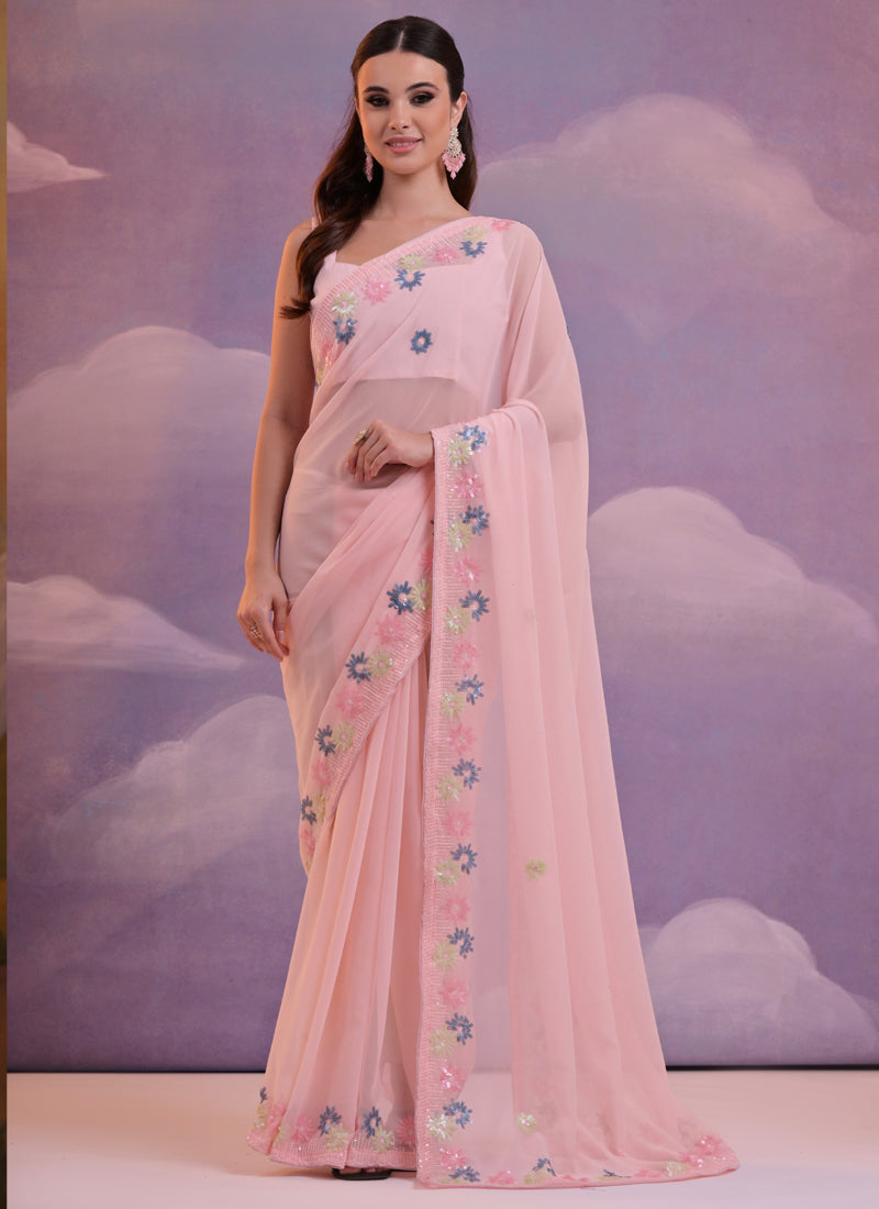 Vegaa Fashion Light Pink Soft Georgette Sequence Work Saree - Distacart