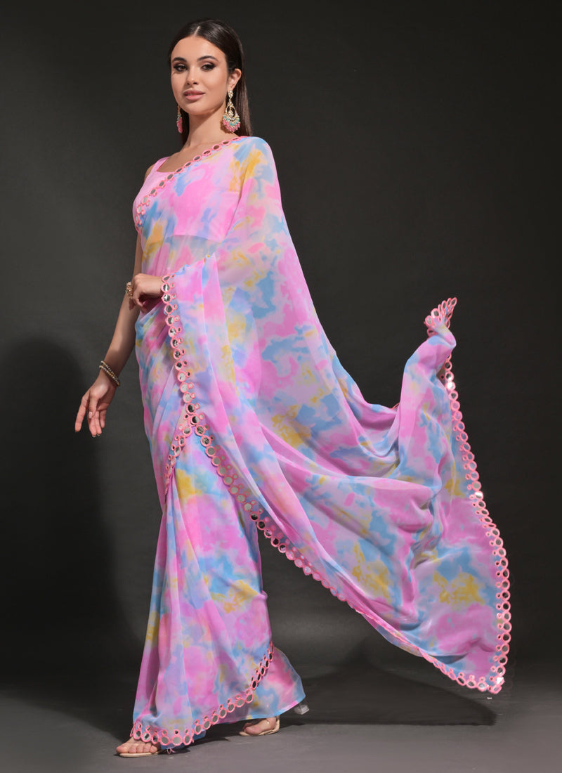 Vegaa Fashion Light Pink Georgette Prizam Print Mirror Work Saree - Distacart