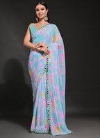 Vegaa Fashion Light Blue Georgette Prizam Print Mirror Work Saree - Distacart