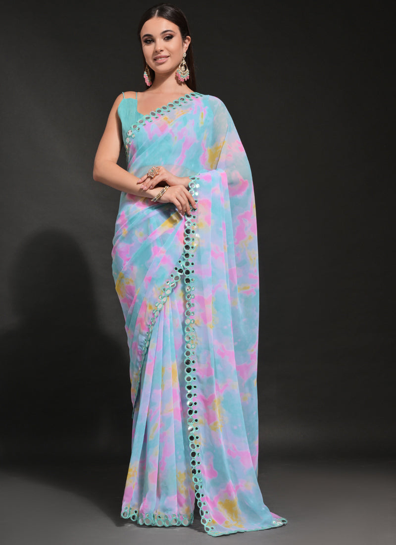 Vegaa Fashion Light Blue Georgette Prizam Print Mirror Work Saree - Distacart