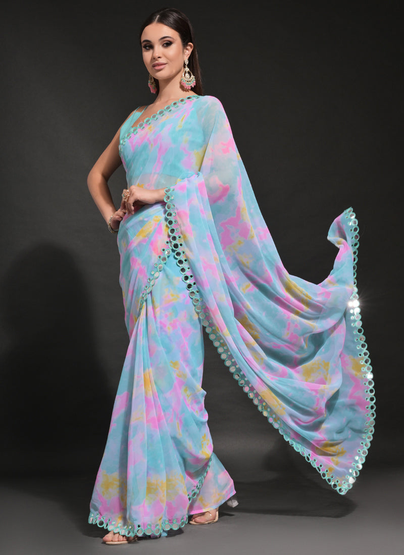 Vegaa Fashion Light Blue Georgette Prizam Print Mirror Work Saree - Distacart