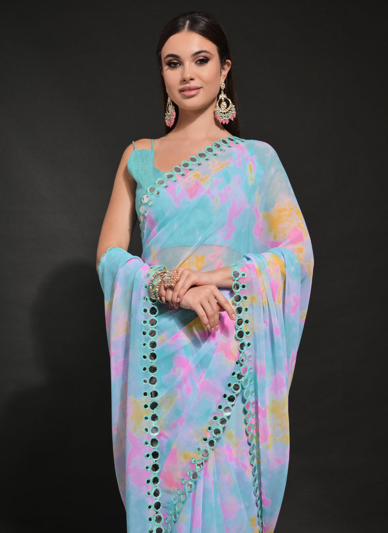 Vegaa Fashion Light Blue Georgette Prizam Print Mirror Work Saree - Distacart