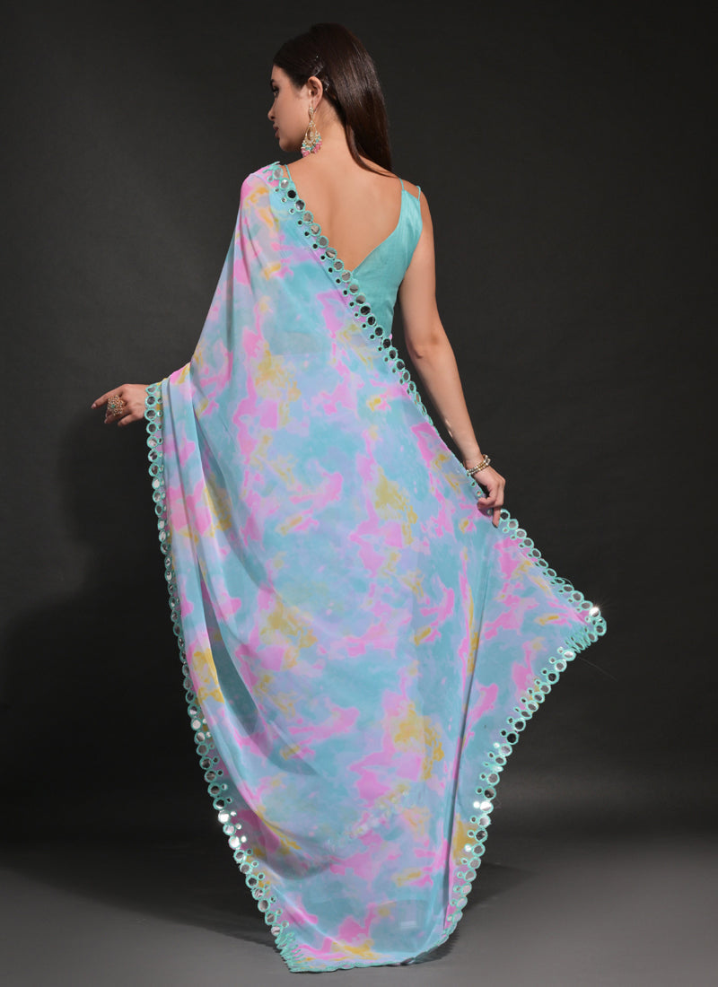 Vegaa Fashion Light Blue Georgette Prizam Print Mirror Work Saree - Distacart