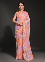 Vegaa Fashion Orange Georgette Prizam Print Mirror Work Saree - Distacart