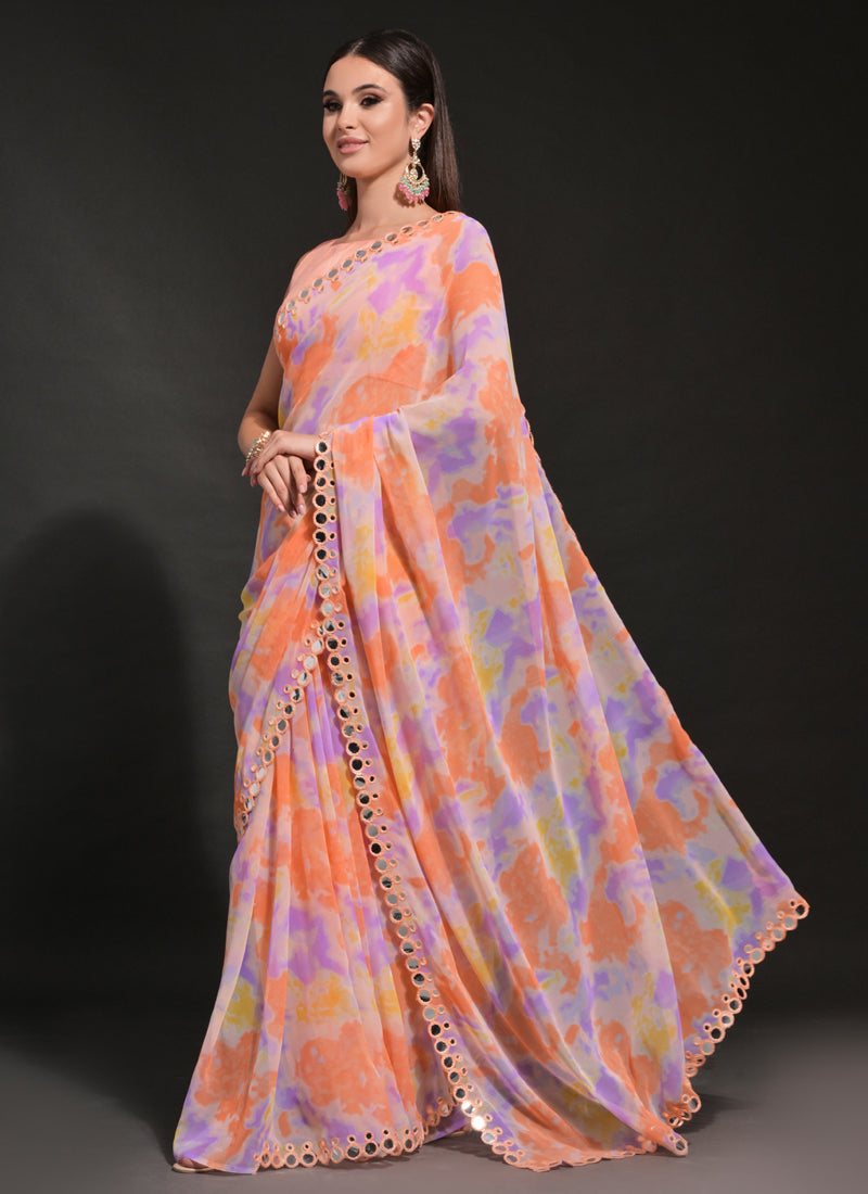Vegaa Fashion Orange Georgette Prizam Print Mirror Work Saree - Distacart
