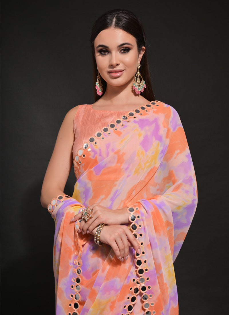 Vegaa Fashion Orange Georgette Prizam Print Mirror Work Saree - Distacart