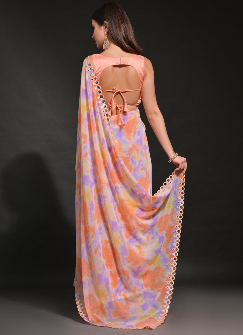 Vegaa Fashion Orange Georgette Prizam Print Mirror Work Saree - Distacart