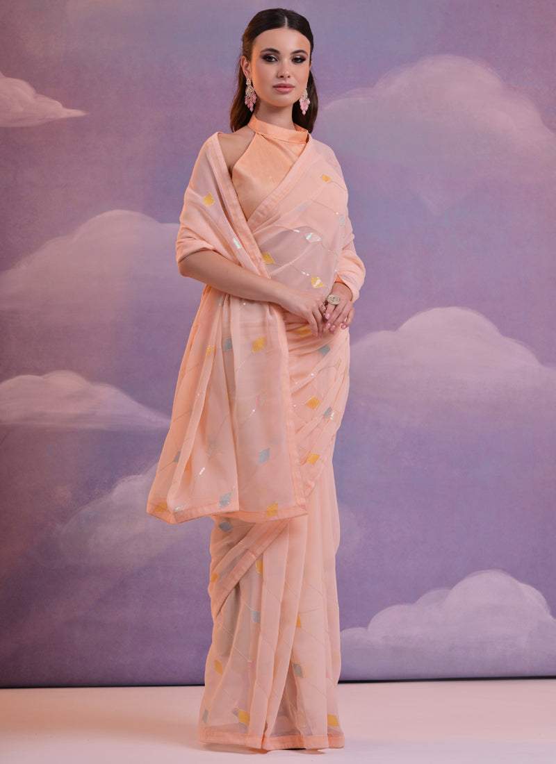 Vegaa Fashion Light Peach Soft Georgette Sequence Work Saree - Distacart