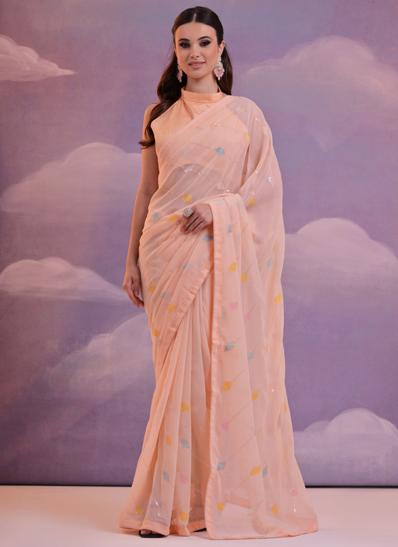 Vegaa Fashion Light Peach Soft Georgette Sequence Work Saree - Distacart