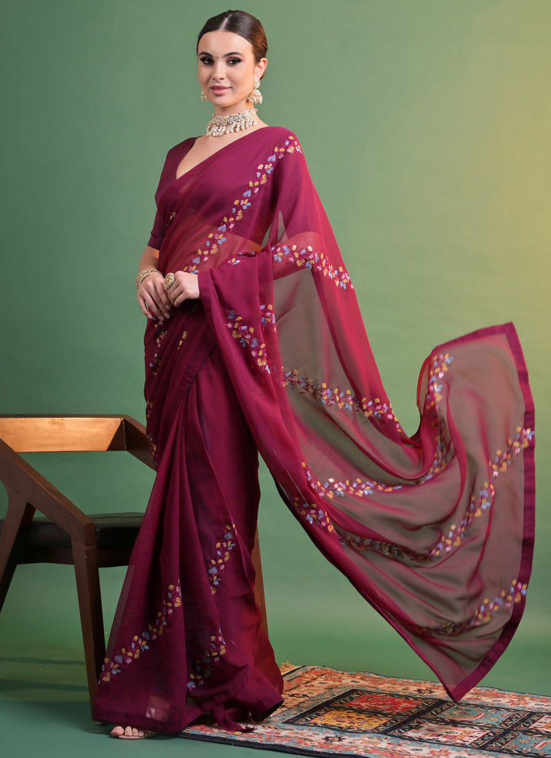 Vegaa Fashion Wine Georgette Sequence Party Wear Saree - Distacart