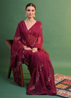 Vegaa Fashion Wine Georgette Sequence Party Wear Saree - Distacart