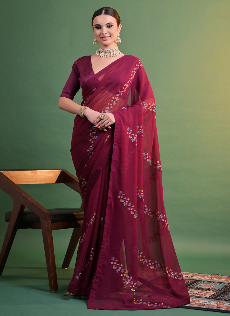 Vegaa Fashion Wine Georgette Sequence Party Wear Saree - Distacart