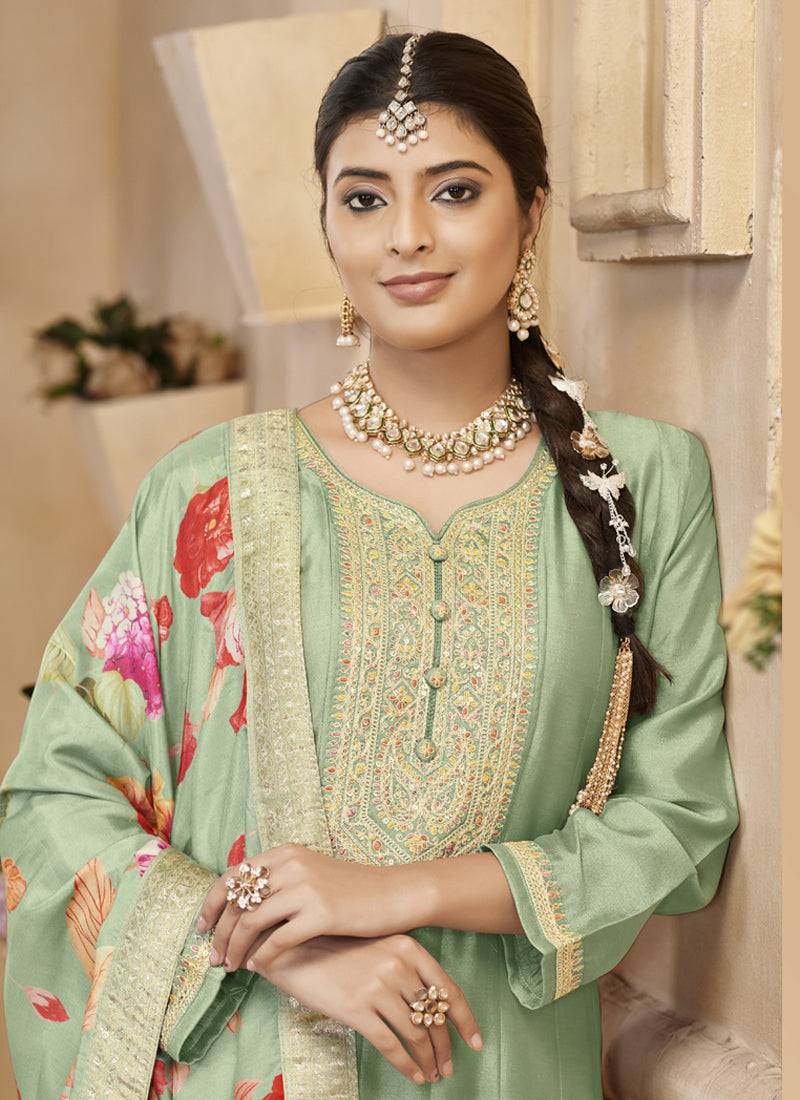 Vegaa Fashion Light Pista Vichitra Silk Embroidered Anarkali Suit