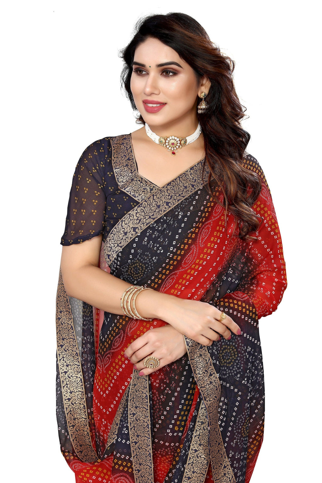 Vamika Navy Georgette Printed With Lace Saree - Distacart