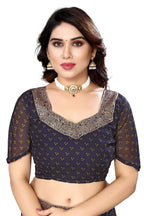 Vamika Navy Georgette Printed With Lace Saree - Distacart