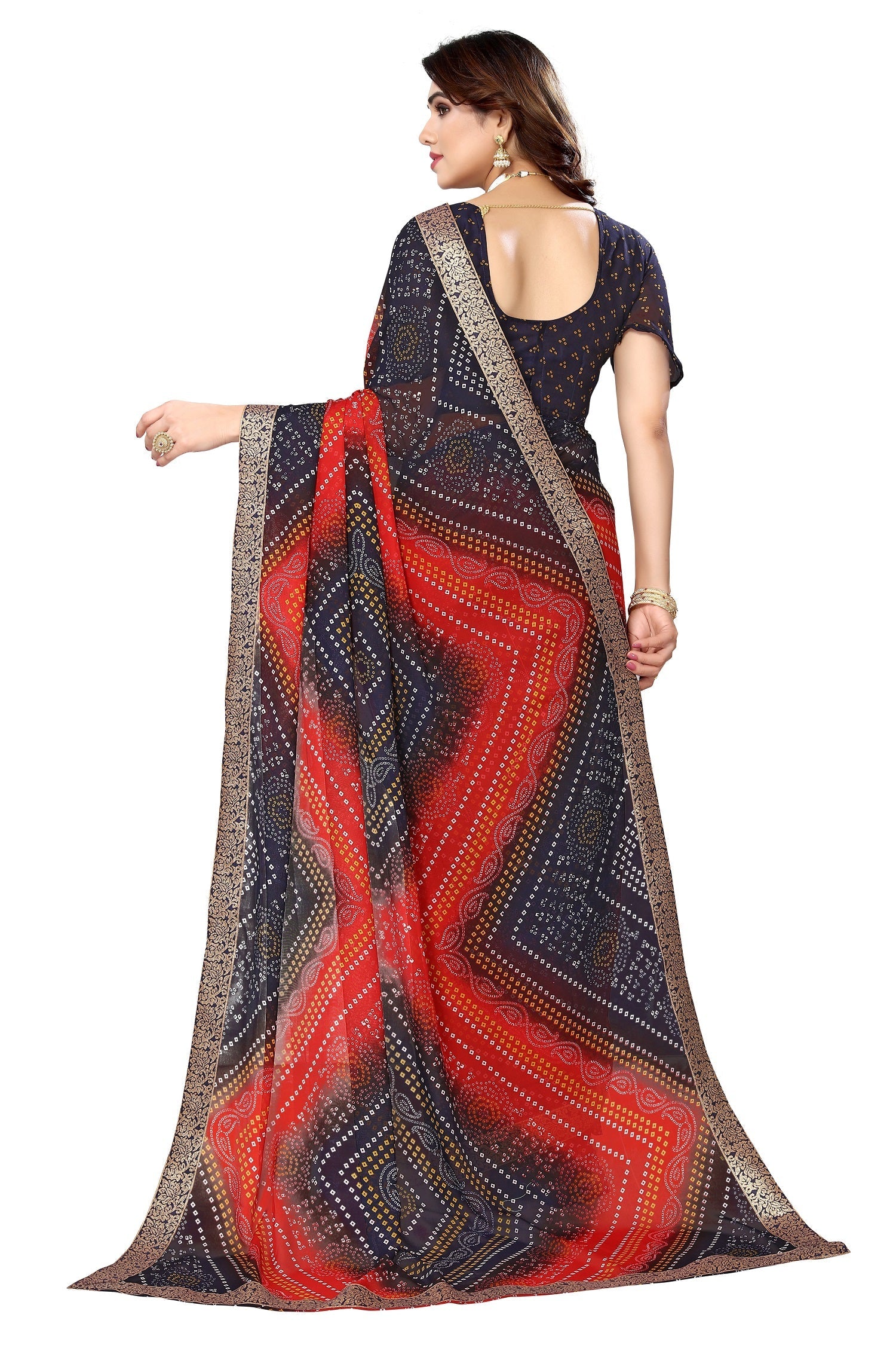 Vamika Navy Georgette Printed With Lace Saree - Distacart