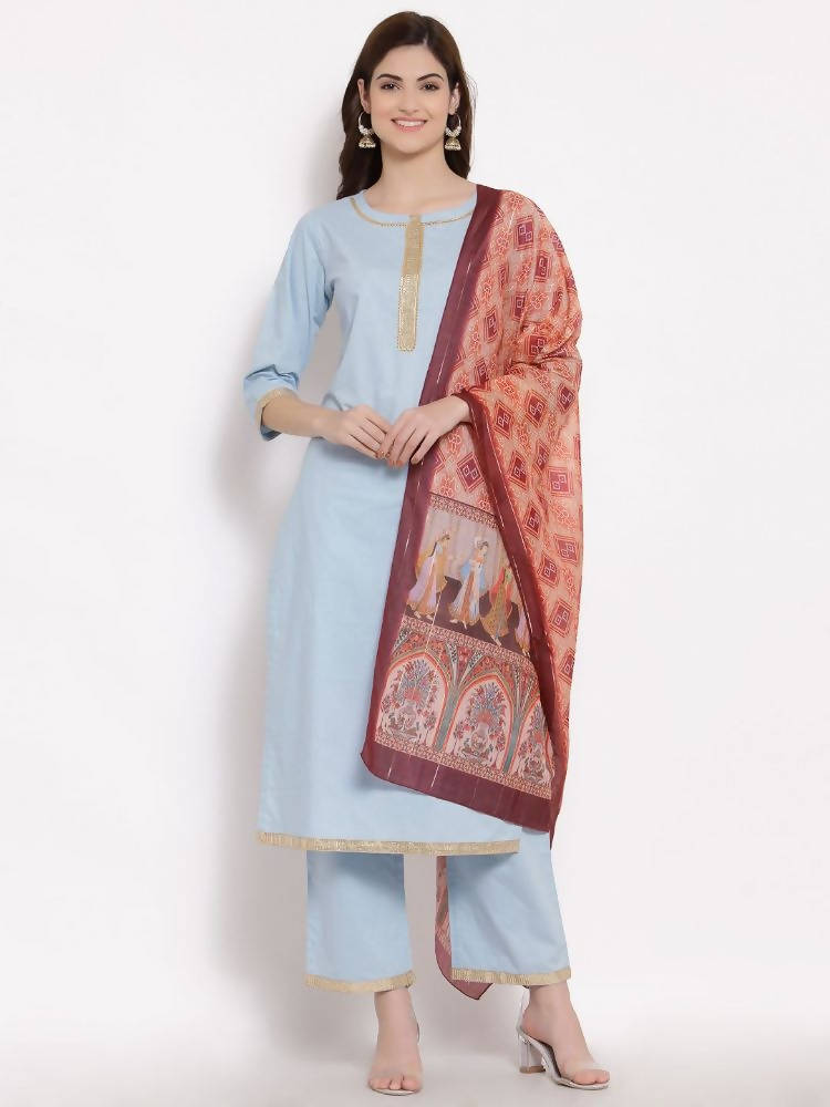 Myshka Women's Blue Cotton 3/4 Sleeve Round Neck Solid Casual Kurta Pant Dupatta Set