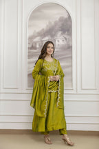 The52 Light Green Women's Beautiful Vichitra Silk Fabric Embroidered Work Flared Anarkali Pant and Dupatta Set - Distacart
