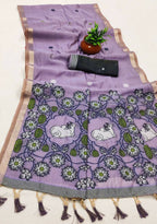 Vastranavya Lavender Muga Cotton Meenakari & Azarakh Pallu Saree with Contrast Blouse - Distacart